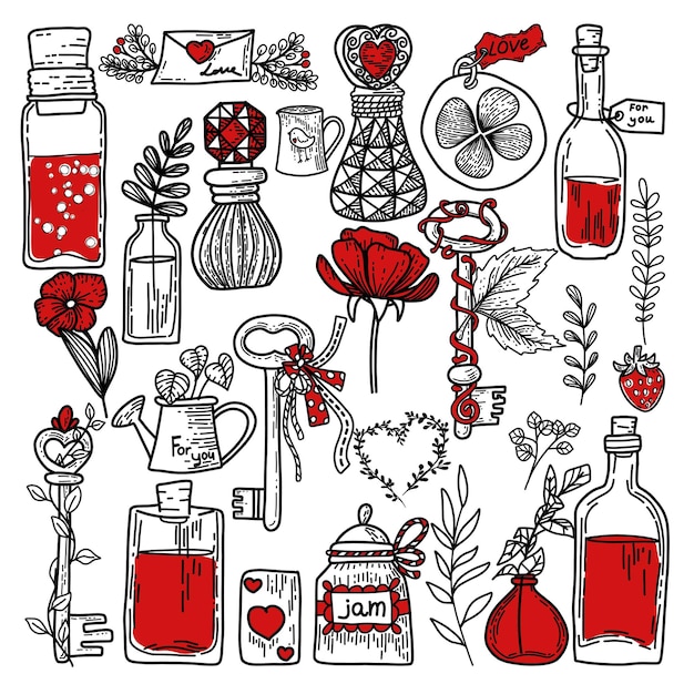 Set doodle elementen voor Valentijnsdag. bedrukking voor een t-shirt. vakantie poster