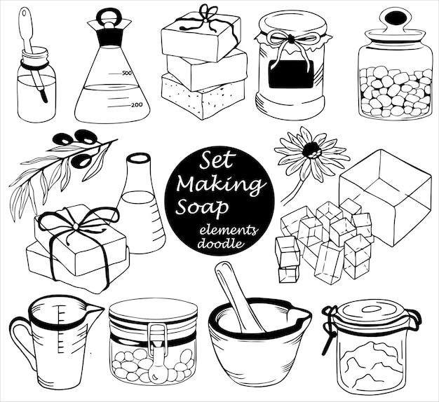 Set of doodle elements black - jars for soap base, dyes flowers, measuring, cup molded soap, pipette