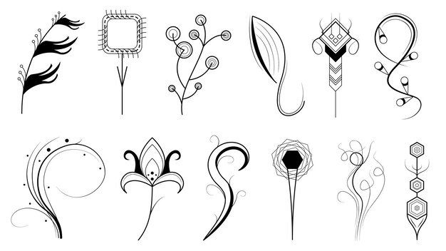 Set doodle elements collezione disegnata a mano botanica flora a base di erbe ramo di foglie piante di fiori di vite