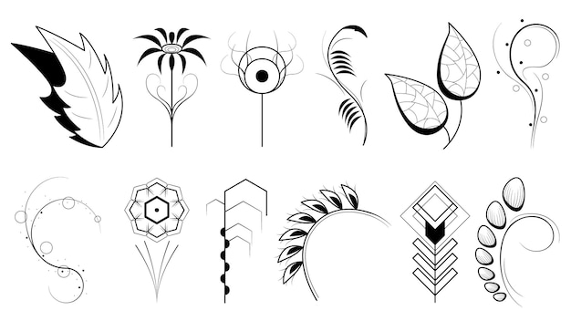 Set Doodle Elements Hand Drawn Collection Botanic Herbal Flora Leaf Branch Vine Flower Plants