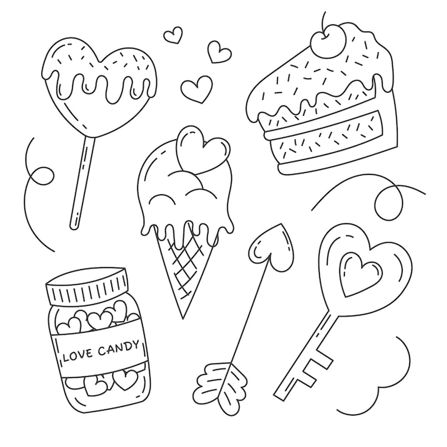 A set of doodle elements for Valentines Day Sweets lollipop ice cream