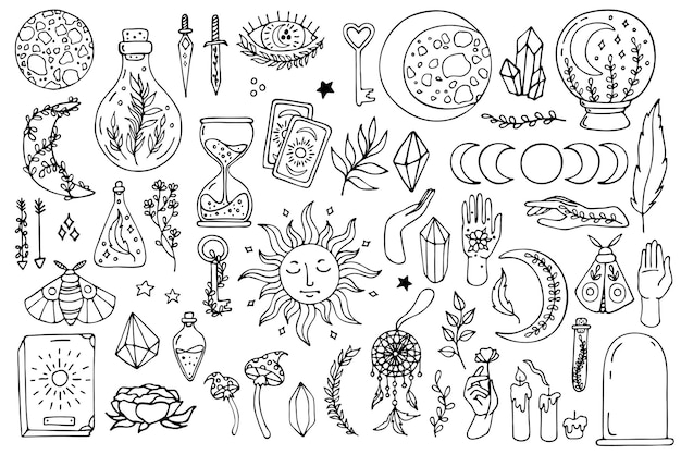 Vector set of doodle esoteric symbols magical occult spiritual illustrations line art vector collection