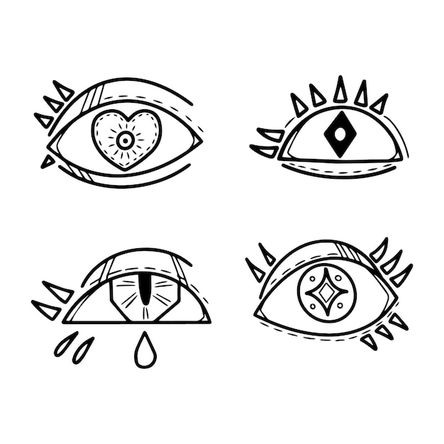 Set of doodle eyes mystic eyes collection hand drawn cartoon vector illustration isolated on white