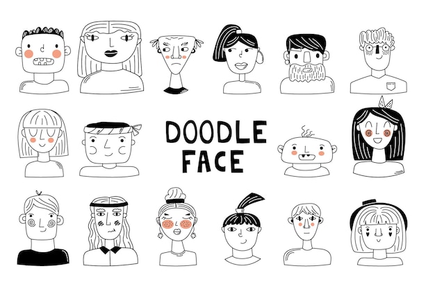 Vector set doodle faces black and white doodle avatars vector hand draw illustration