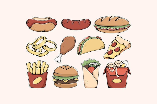 Vettore set di illustrazioni di fast food doodle