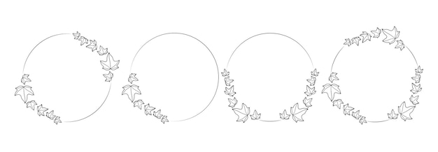 Set of doodle floral line and leaf circle frames Ivy leaves ink style