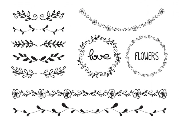 Set of doodle floral, line and leaf circle frames vector