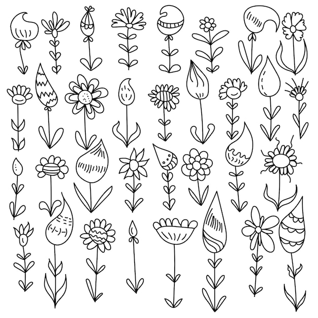 Set of doodle flowers with fantasy petals and leaves floral elements for cards designs etc