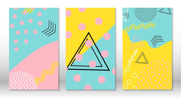 Set of doodle fun patterns. Hipster style 80s-90s. Memphis elements. Fluid pink, blue, yellow colors.