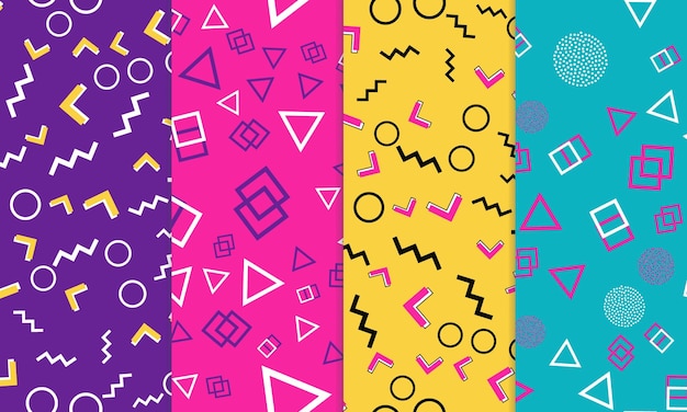 Set of doodle fun seamless patterns memphis style colorful funky background