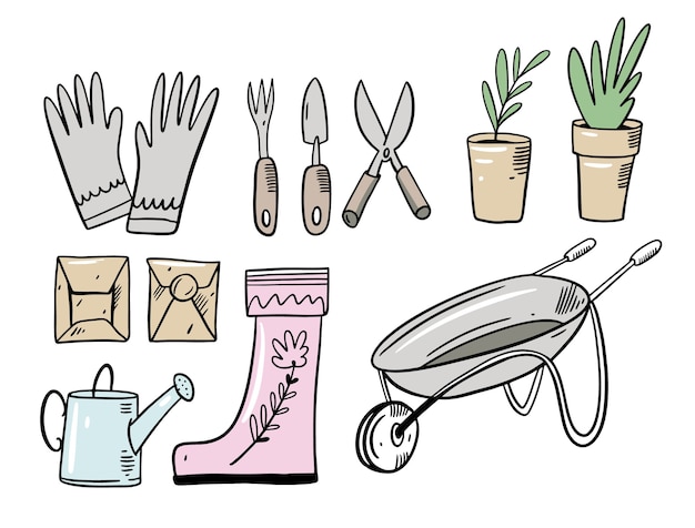 Vector set doodle garden elements.  illustration in cartoon style. isolated on white background.