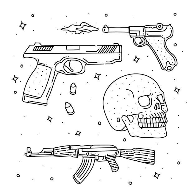 Vector set of doodle gun . gun doodle style