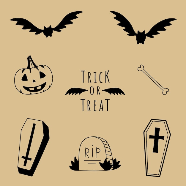 Set of doodle halloween elements. Collection of hand drawn bats, pumpkin, bone, coffins, tombstone