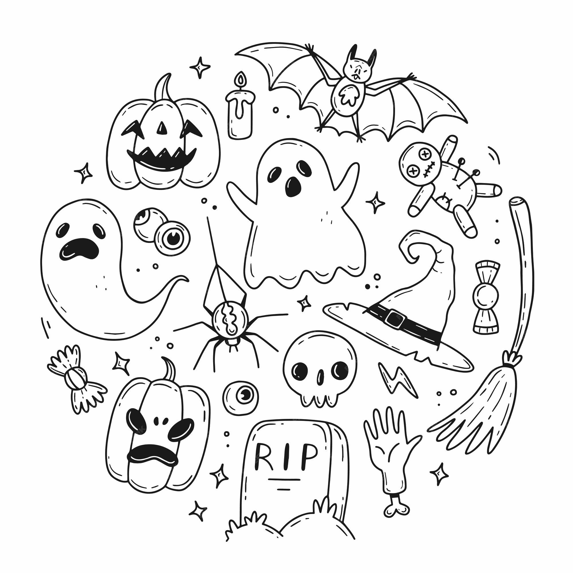 Premium Vector Set of doodle halloween elements in the shape of a circle