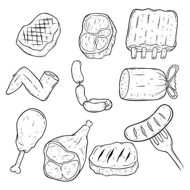 Vector set of doodle or hand drawing meat on white background