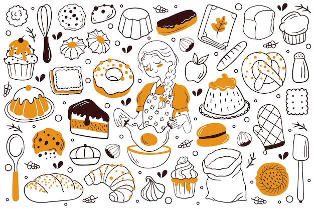 Set di doodle disegnato a mano pane e prodotti da forno. illustrazione vettoriale. croissant, baguette, panino, torta, biscotto, biscotto, strudel, cupcake, muffin, ciambella.