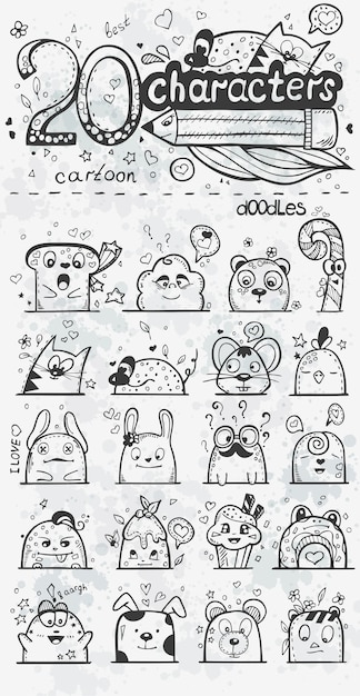 Set di personaggi dei cartoni animati disegnati a mano di doodle