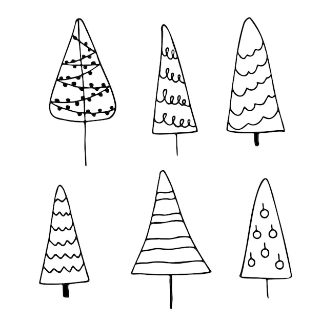 Set di albero di natale disegnato a mano di doodle.