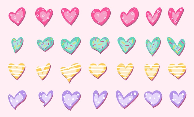 Vector set of doodle hand drawn pink hearts collection