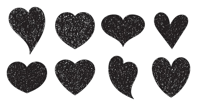 Set doodle hartvormige symbolen Verzameling van verschillende hand getrokken romantische harten voor sticker label liefde logo Vector illustratie