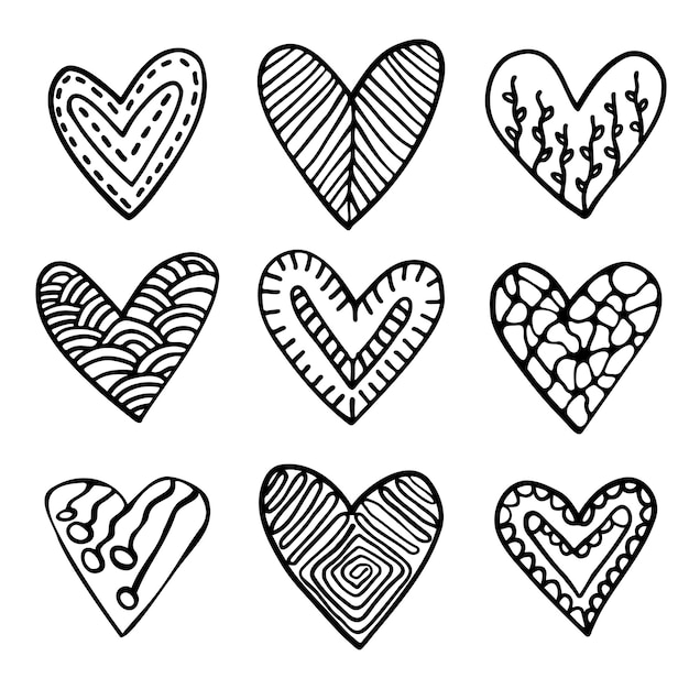 Set di cuori di doodle con motivo all'interno di carte di schizzo disegnate a mano con inchiostro per le vacanze amano il design di san valentino