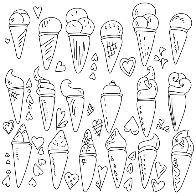 Vector set of doodle ice cream cones with curled tops coloring page with cold desserts and hearts