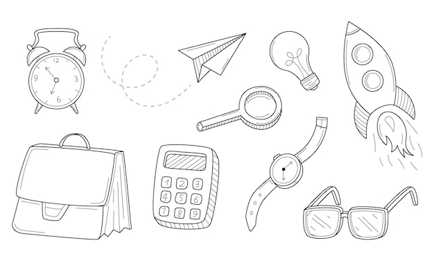 A set of doodle icons. business, work, startup. ddoodle set. hand-drawn black white outline elements