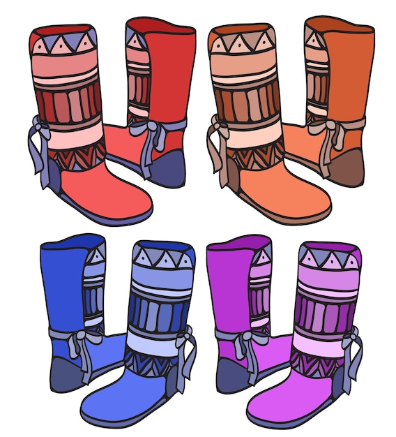 Vector set doodle illustratie van winterschoenen met etnopatroon