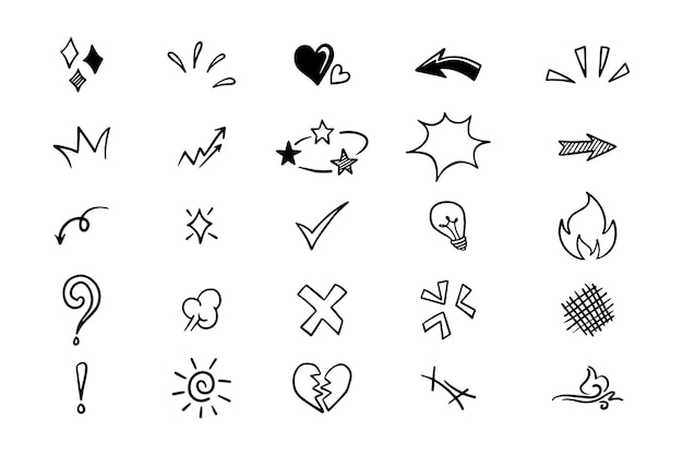 A set of doodle illustrations. The illustrations have elements of doodles, stars, sparkles, hearts,