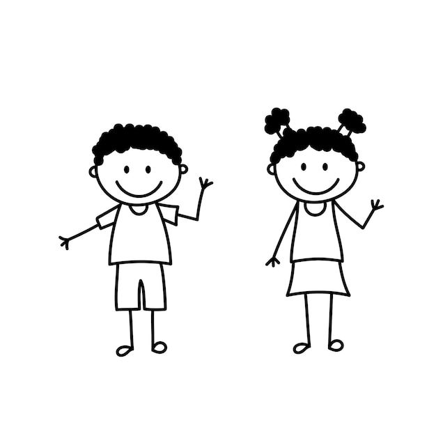 Vettore set di figure per bambini doodle simpatico ragazzo e ragazza con bastone che agitano la mano illustrazione vettoriale isolata su bianco