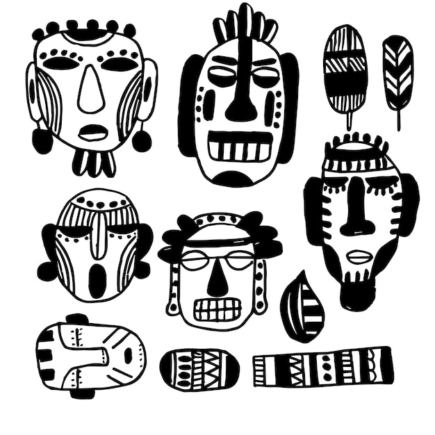 Set of doodle mask elements totems of indians