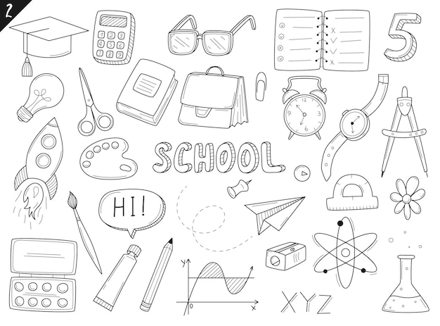 Set of doodle outline icons back to school School items supplies stationery Handdrawn black and white vector illustration Design elements are isolated on a white background