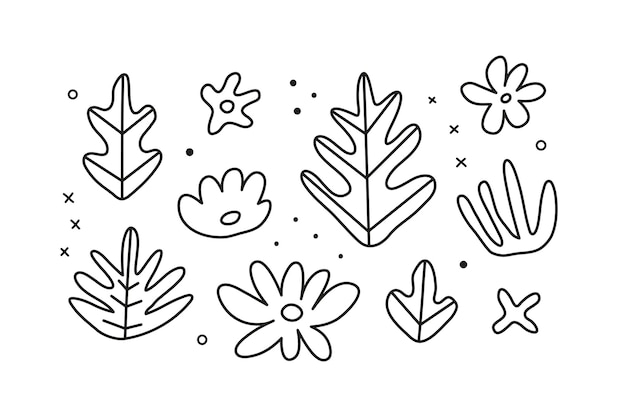 Set doodle overzicht tropische bladeren en bloemen