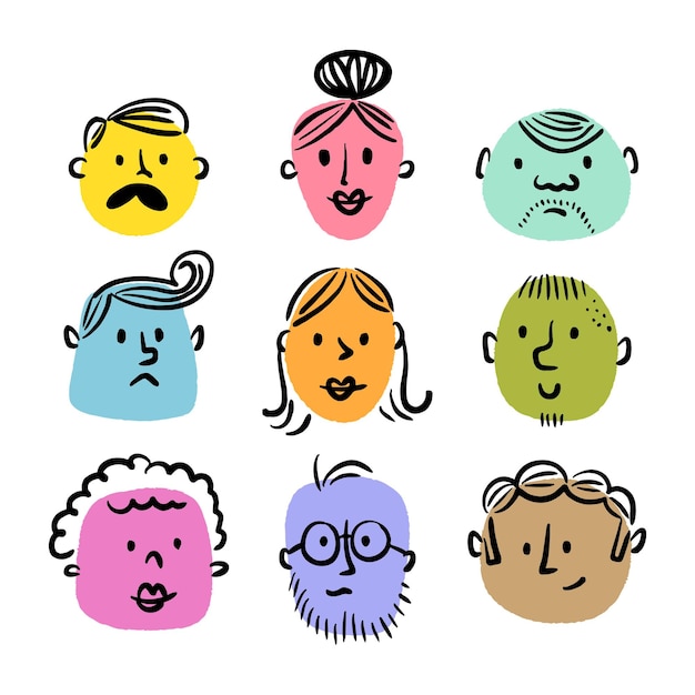 Vector set of doodle people avatars for social media funny man and woman portraits trendy hand drawn style vector avatars