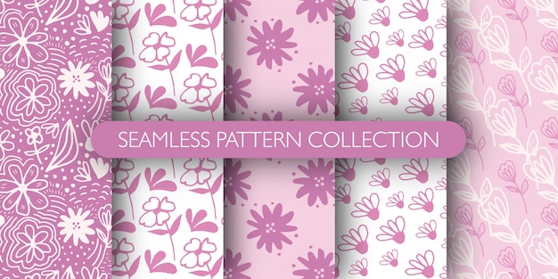 Set of doodle pink outline flower seamless patterns. ditsy floral background. funny floral endless wallpaper.