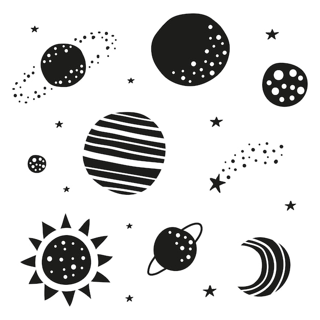 Insieme delle icone del sole della luna delle stelle dei pianeti di scarabocchio