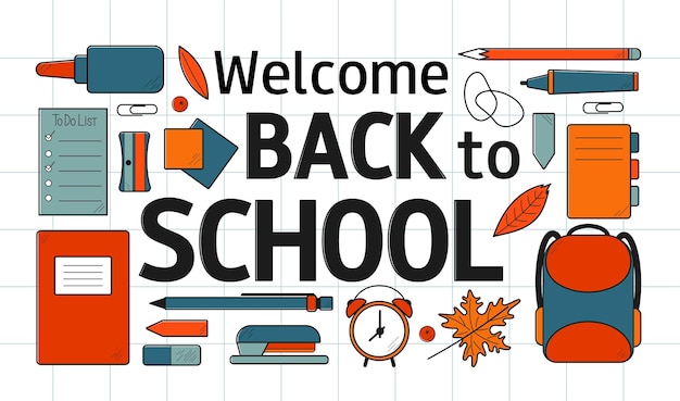 Set of doodle school supplies Welcome back to school inscription Vector flat illustration