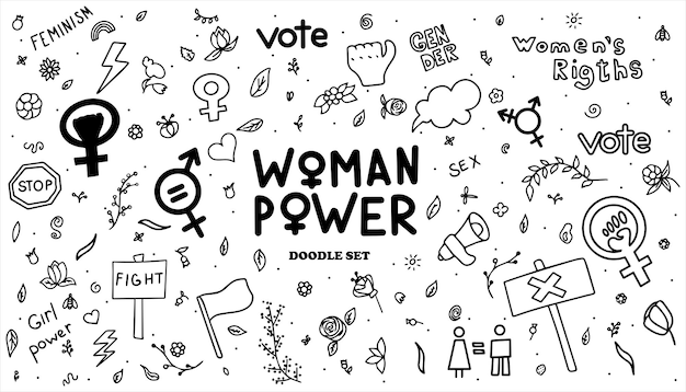 A set of doodle signs of feminism women s rights grunge hand drawn vector icons of feminism protest ...