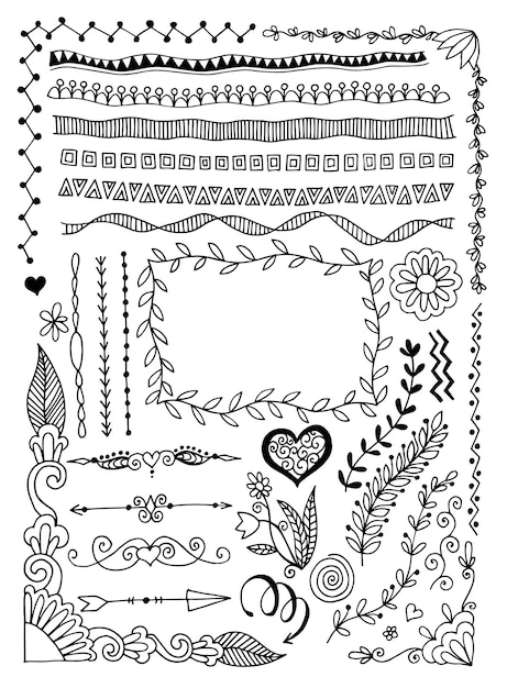 Set di divisori per schizzi di doodle e design floreale con cornice