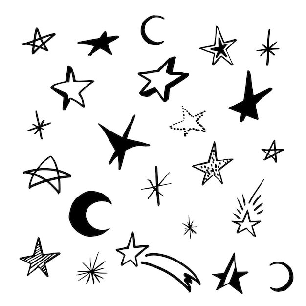 Vector set doodle stars. collection of black hand drawn stars and crescent. vector illustration, isolated on white.