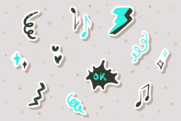 Set of doodle stickers with retro theme stylized hand drawn vector illustration for journaling