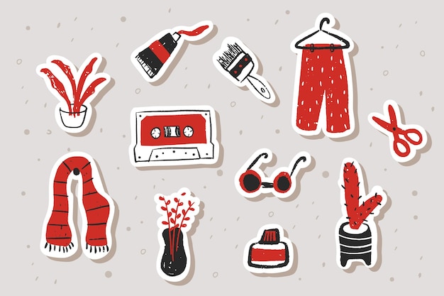 Vector set of doodle stickers with retro theme stylized hand drawn vector illustration for journaling