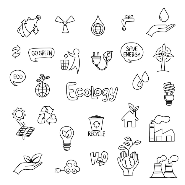 Una serie di disegni in stile doodle sul tema dell'ecologia