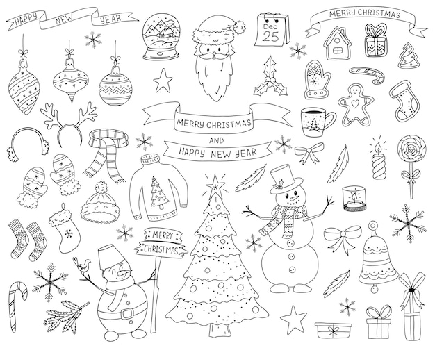 A set of Doodle-style elements. Collection of elements of new year and Christmas design. The sketch is hand-drawn and isolated on a white background. Outline drawing.