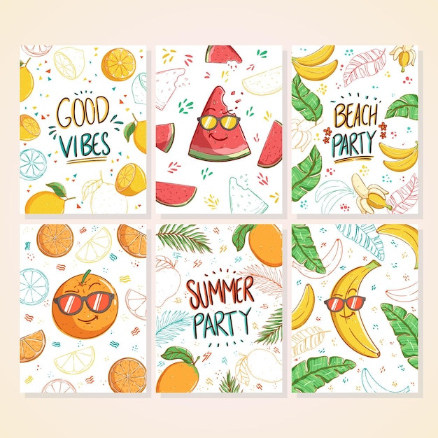 낙서 여름 카드 세트 레몬 수박 바나나 망고 만화와 손으로 쓴 텍스트와 아름다운 여름 포스터