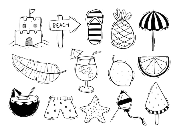 Set di icone o elementi estivi di doodle su sfondo bianco