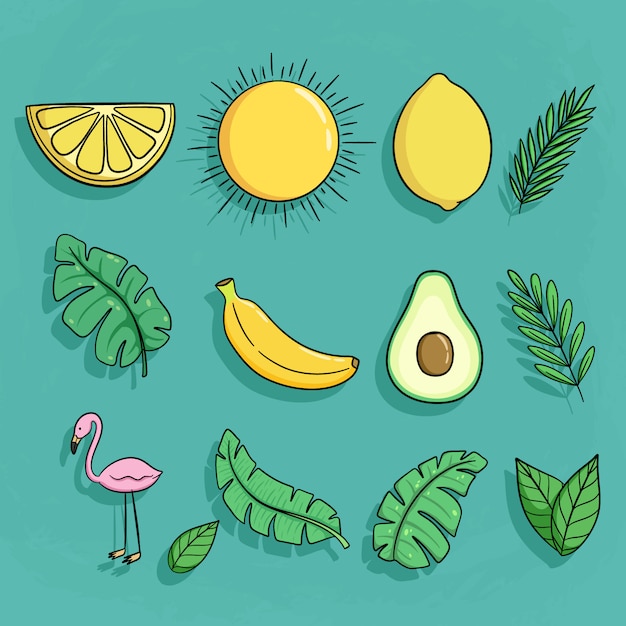 set of doodle summer icons with banana avocado, lemon, and flamingo