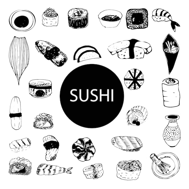 Vettore impostare il vettore di set di sushi e panini doodle