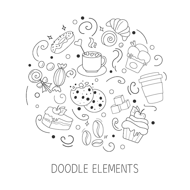 Set of doodle sweets food on white Cakes biscuits baking cookie pastries donut ice cream