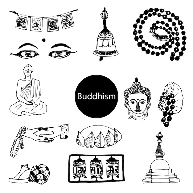 Vector a set doodle topic of religion buddhism
